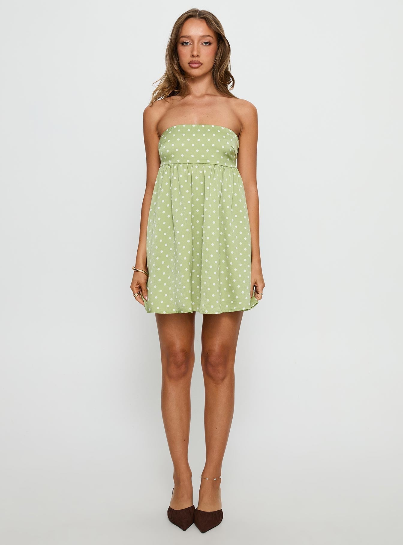 Follow the Dream Strapless Mini Dress Green Polka Dot