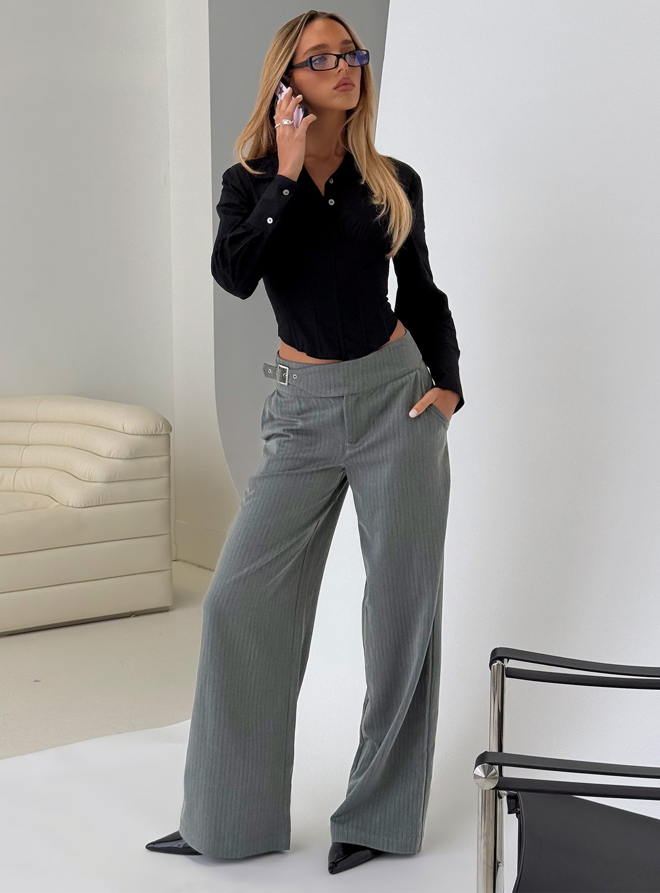 Jinny Relaxed Buckle Tailored Pants Grey Pinstripe