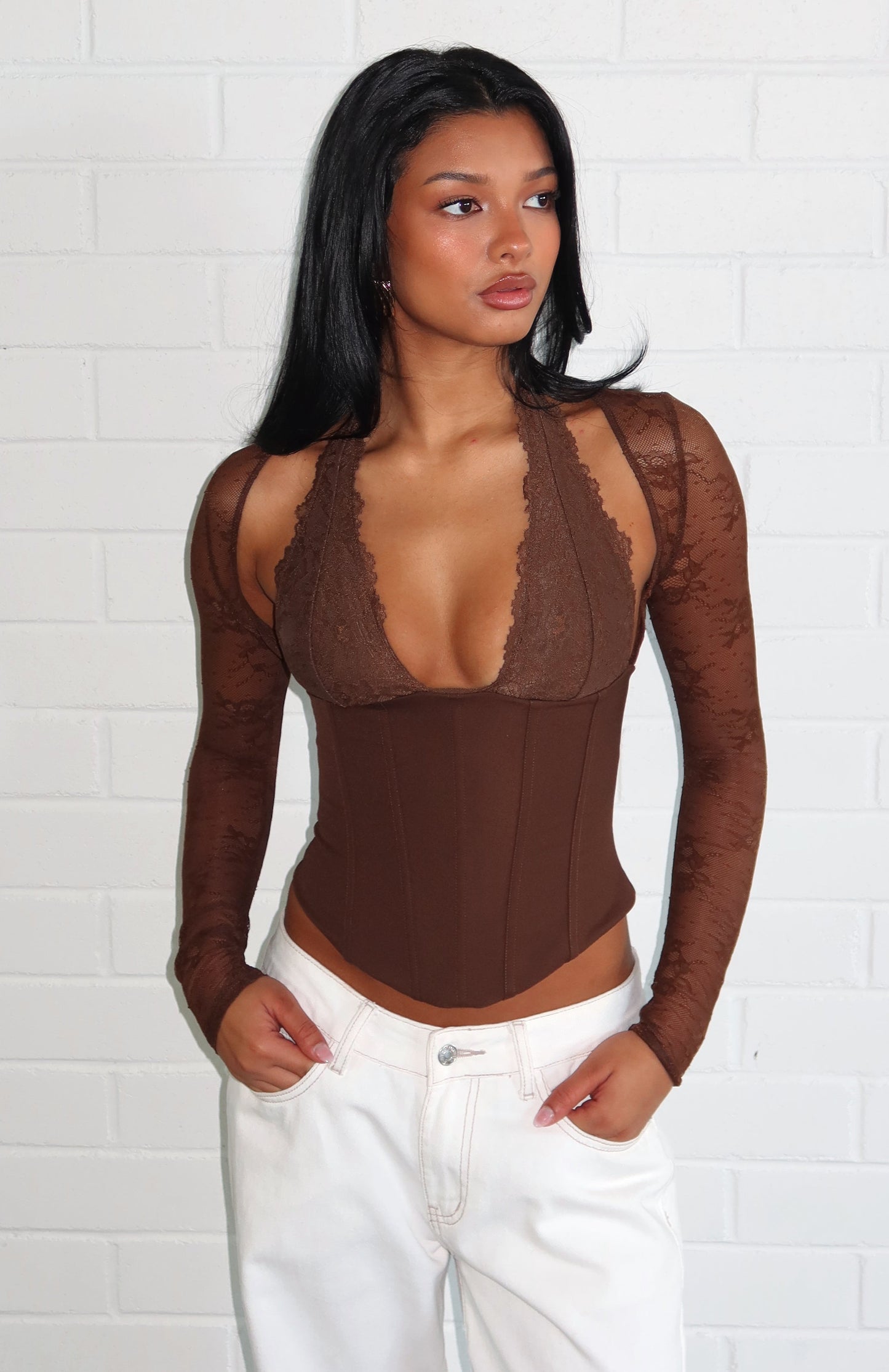 Never Walk Alone Long Sleeve Bustier Chocolate