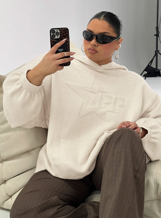 Princess Polly Knit Hoodie Beige Curve