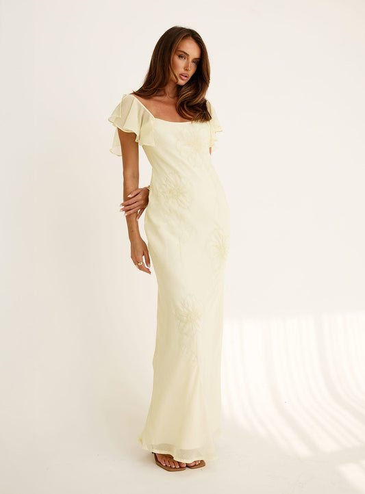 Estah Flutter Sleeve Embellished Maxi Dress Yellow