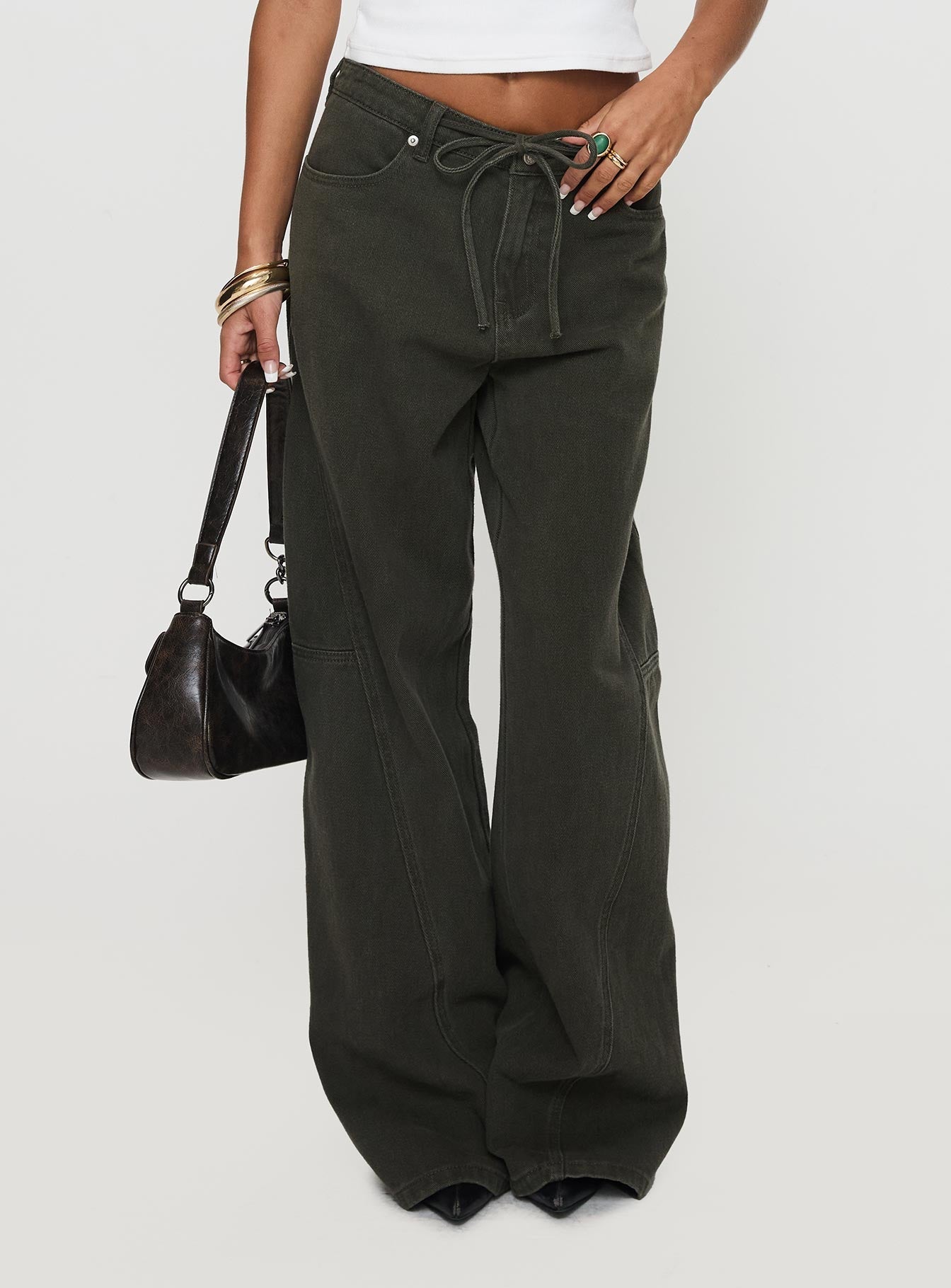 Bruiser Tie Waist Mid Rise Wide Leg Jeans Green