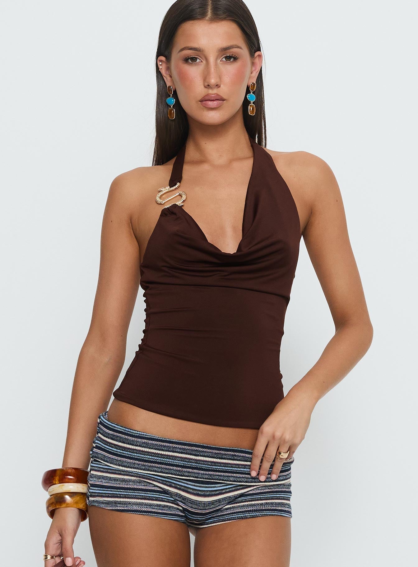 Yazmeen Cowl Neck Hardware Detail Top Chocolate