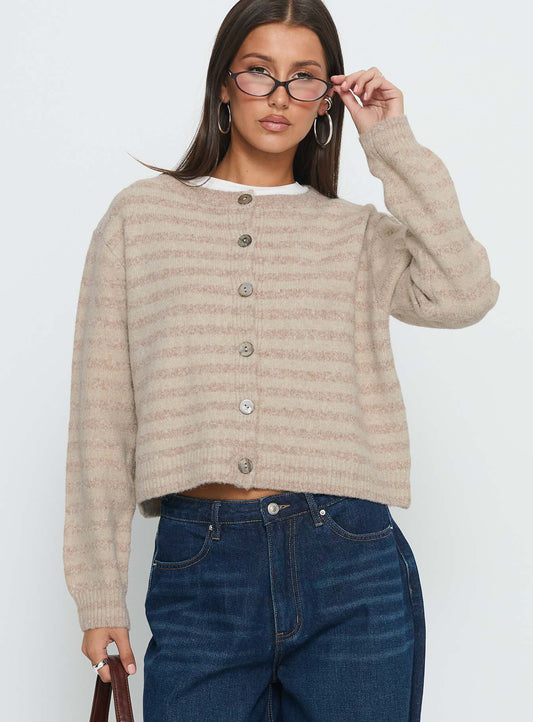 Raynna Button Up Cardigan Beige Stripe