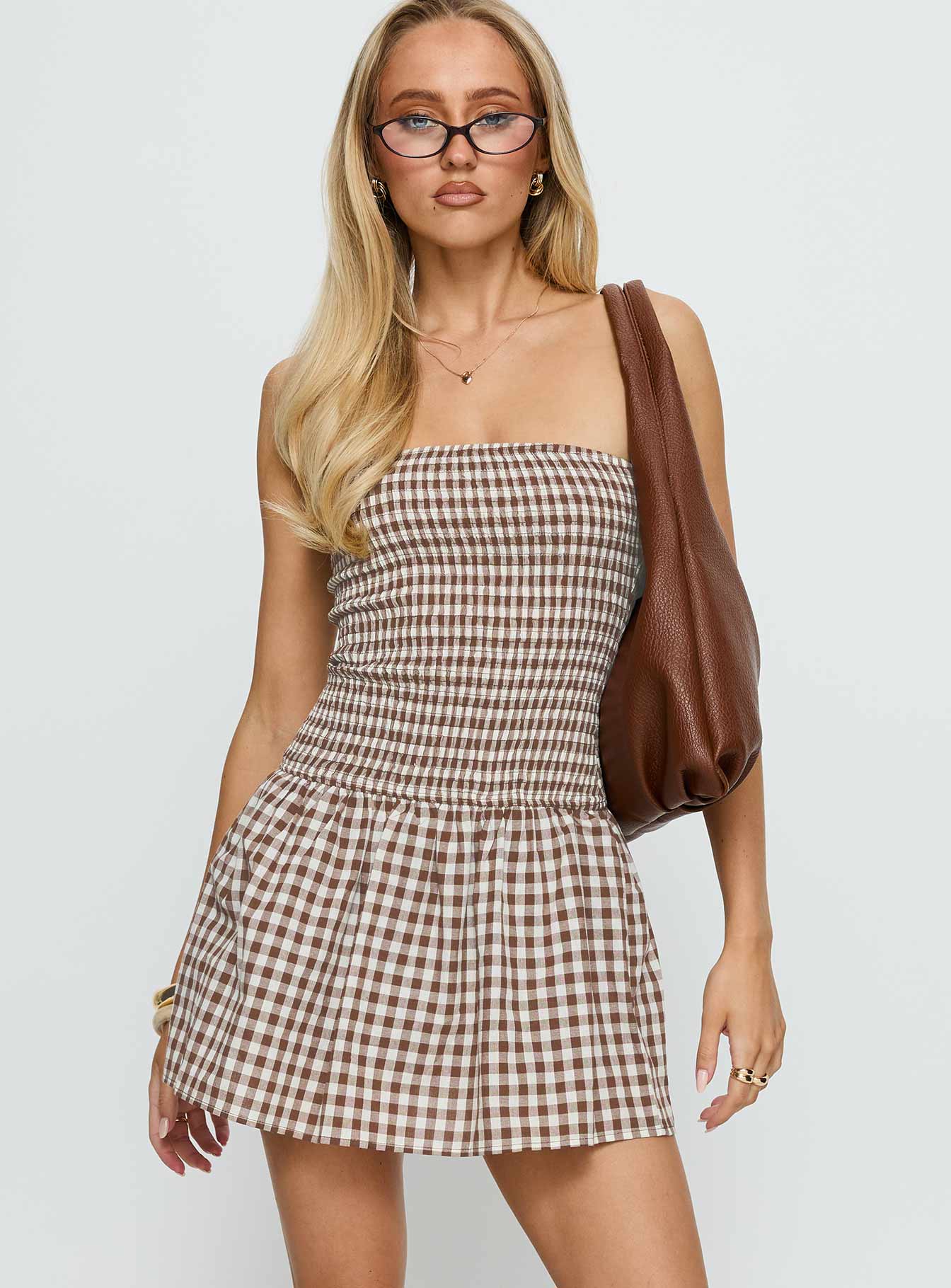 Burnell Shirred Strapless Playsuit Brown Check