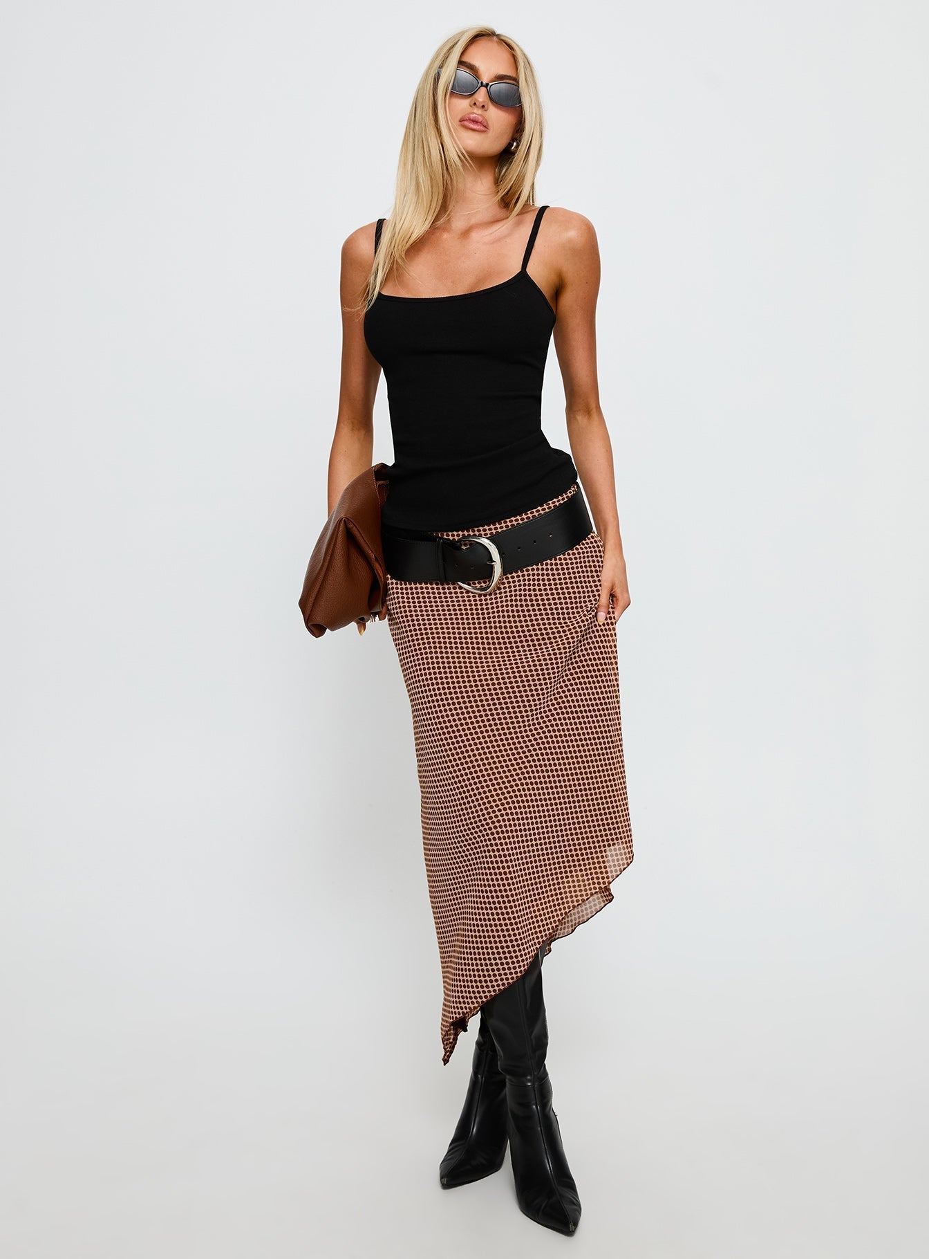 Suella Asymmetrical Midi Skirt Brown Polka Dot