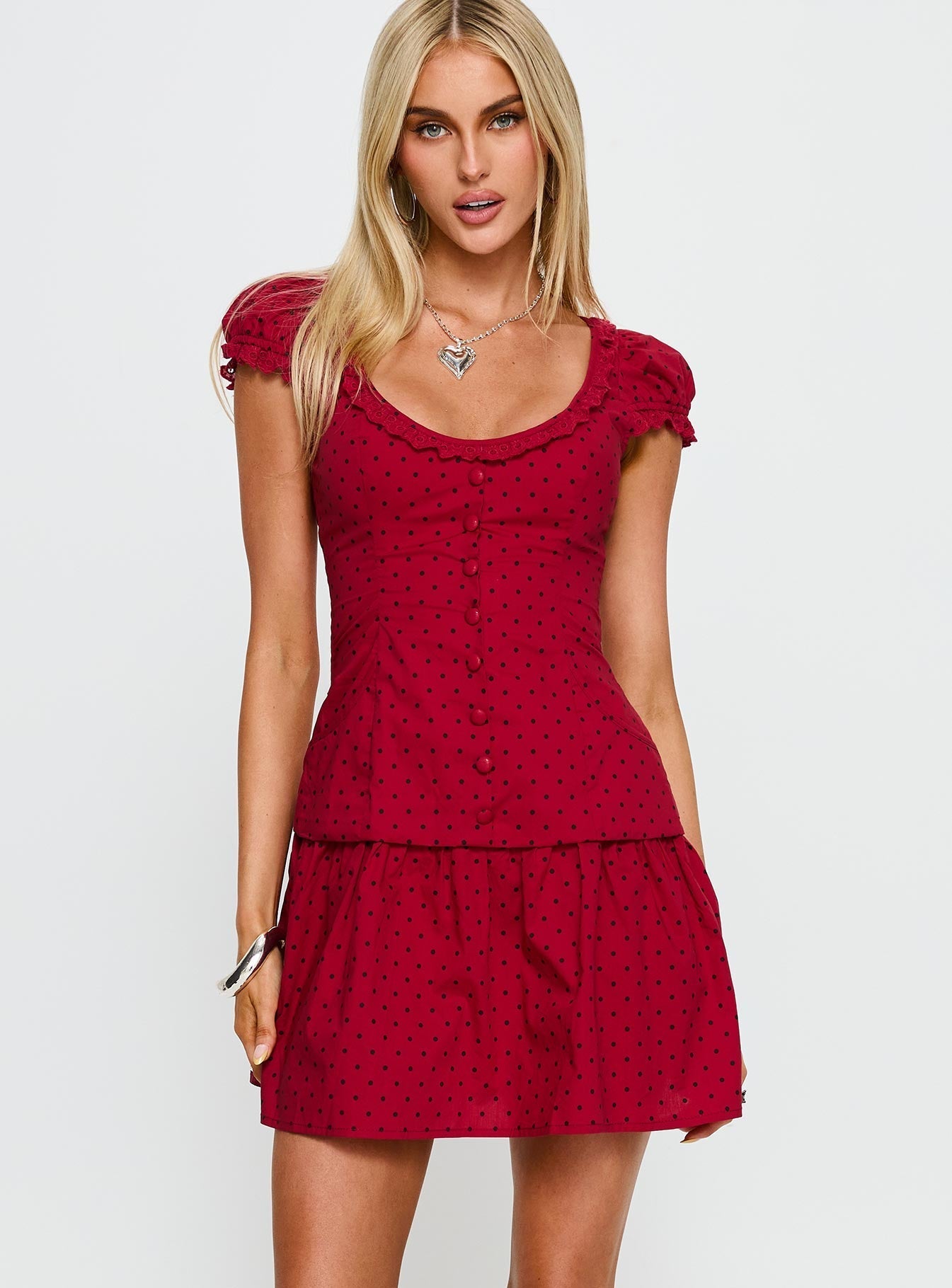 Ottillie Lace Trim Button Down Mini Dress Red Polka Dot