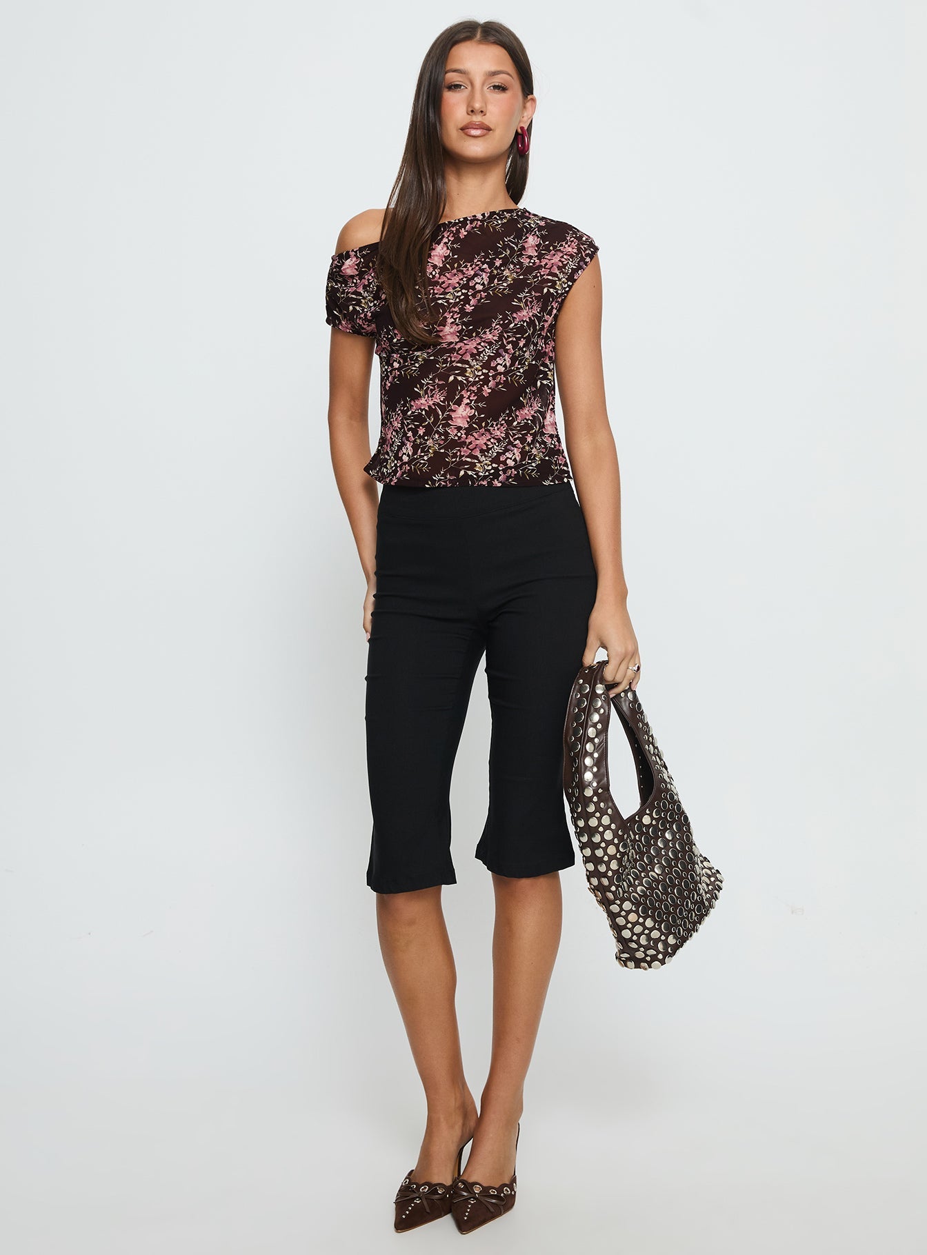 Justyna Sheer Top Off Shoulder Top Brown / Pink Floral