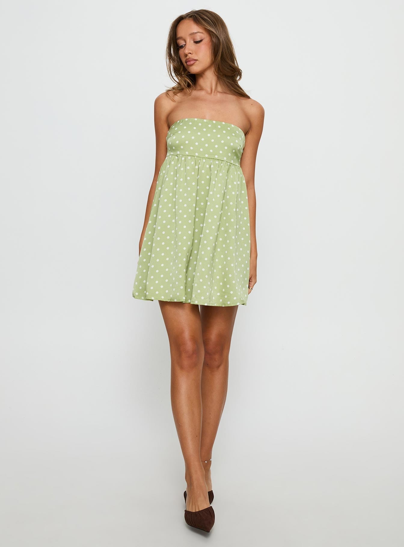 Follow the Dream Strapless Mini Dress Green Polka Dot
