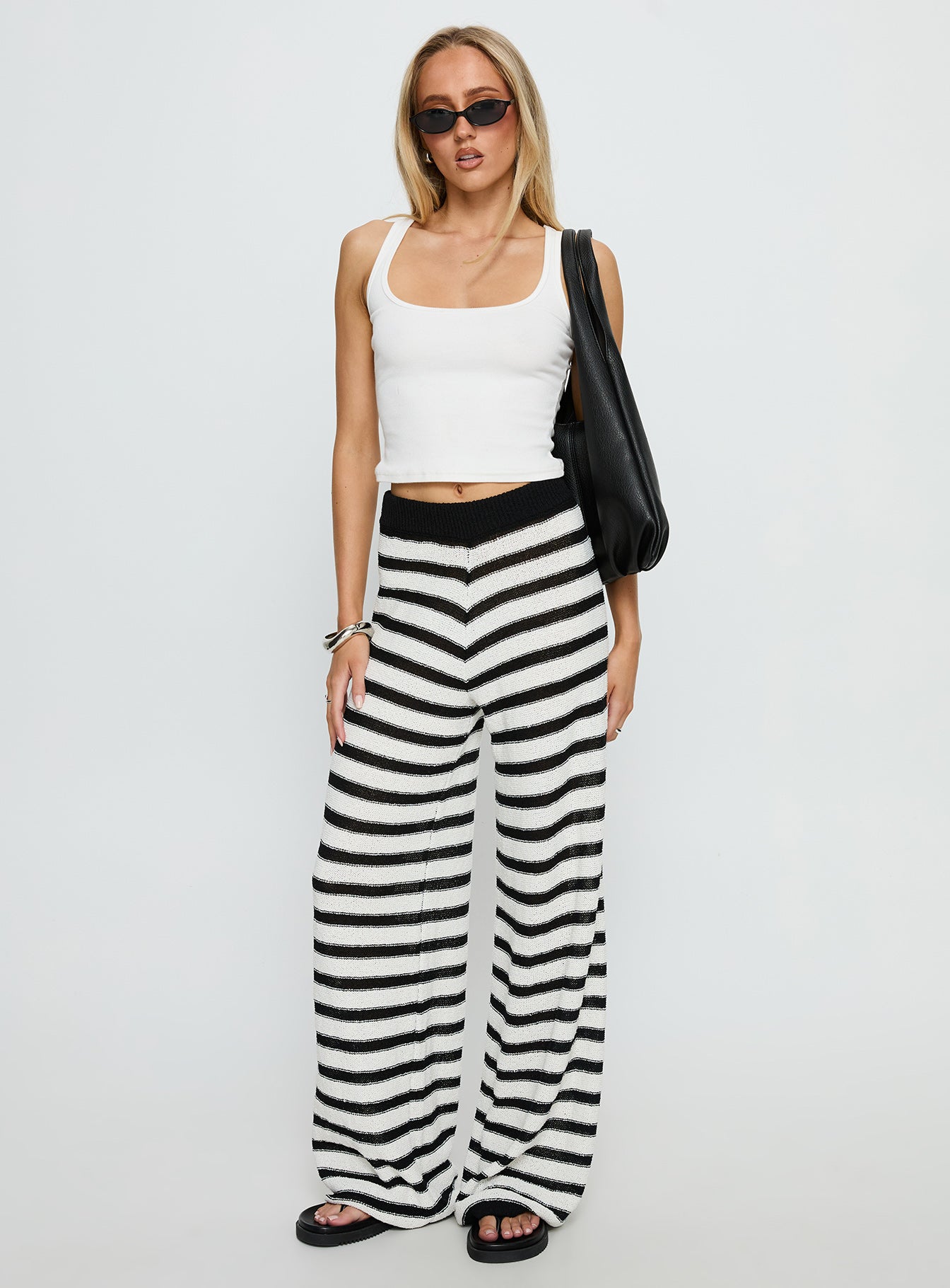Good Things Flare Knit Pants White / Black Stripe