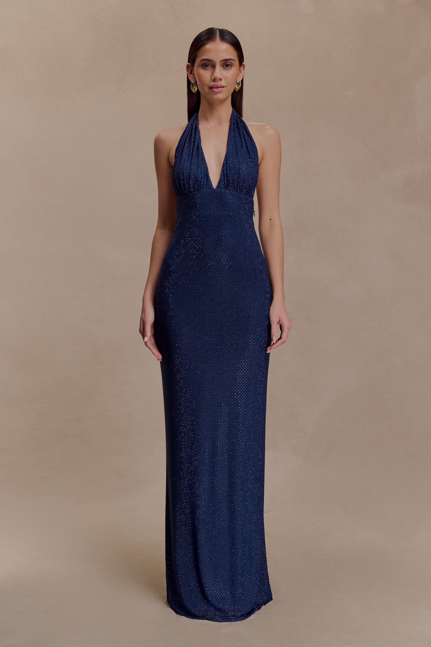 Harriet Halter Neck Diamante Maxi Dress - Navy
