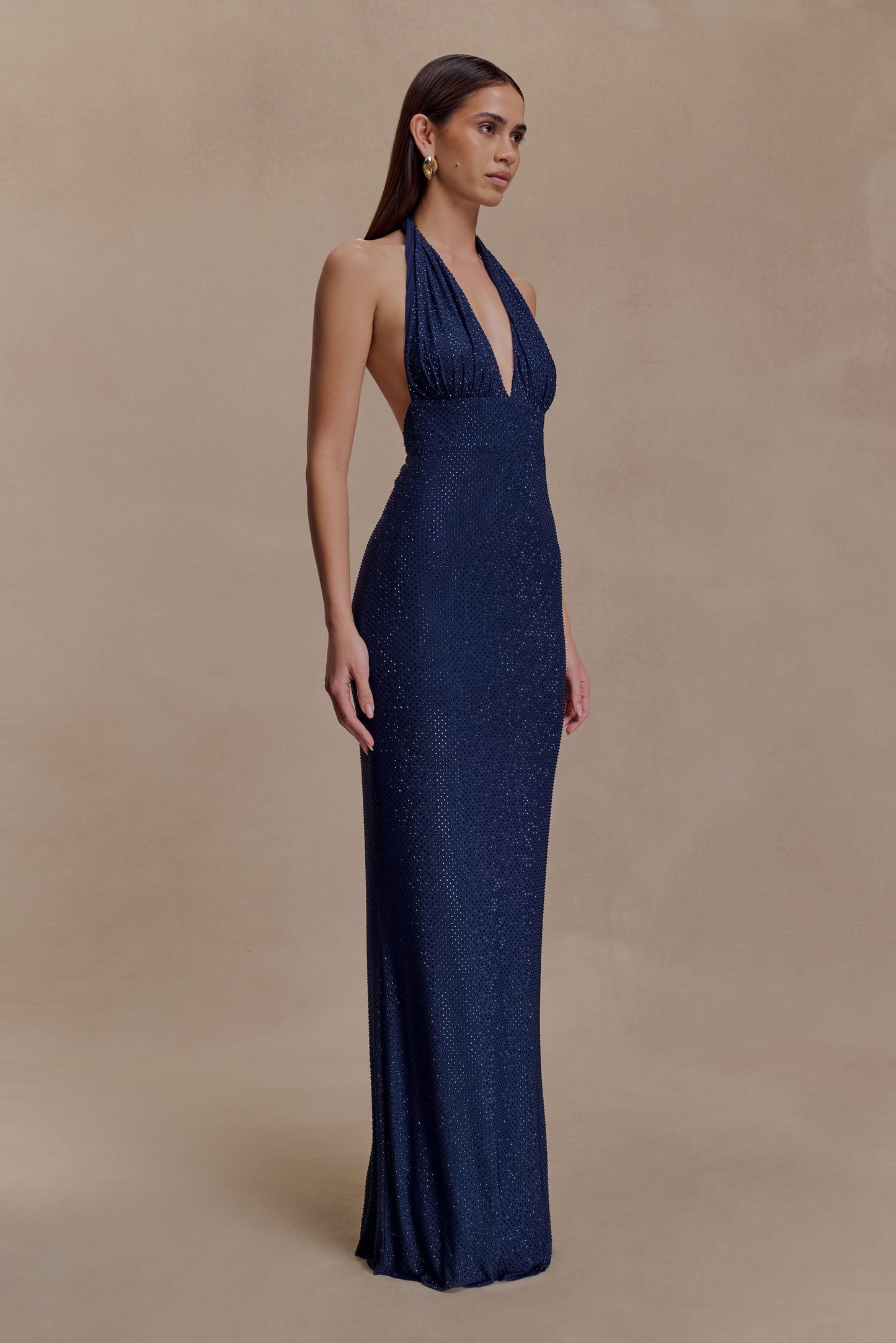 Harriet Halter Neck Diamante Maxi Dress - Navy
