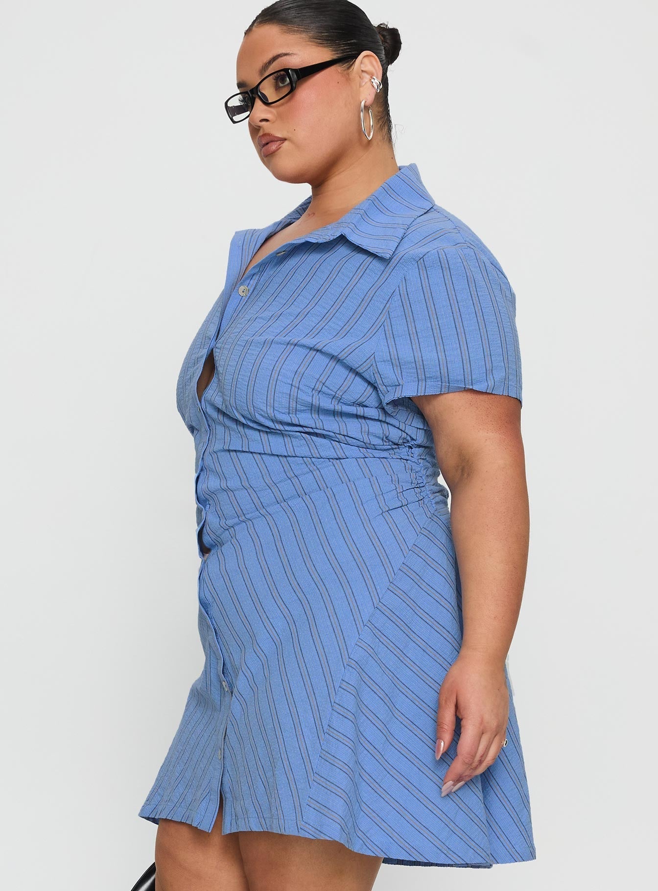 Saydie Button Down Mini Dress Blue Stripe Curve