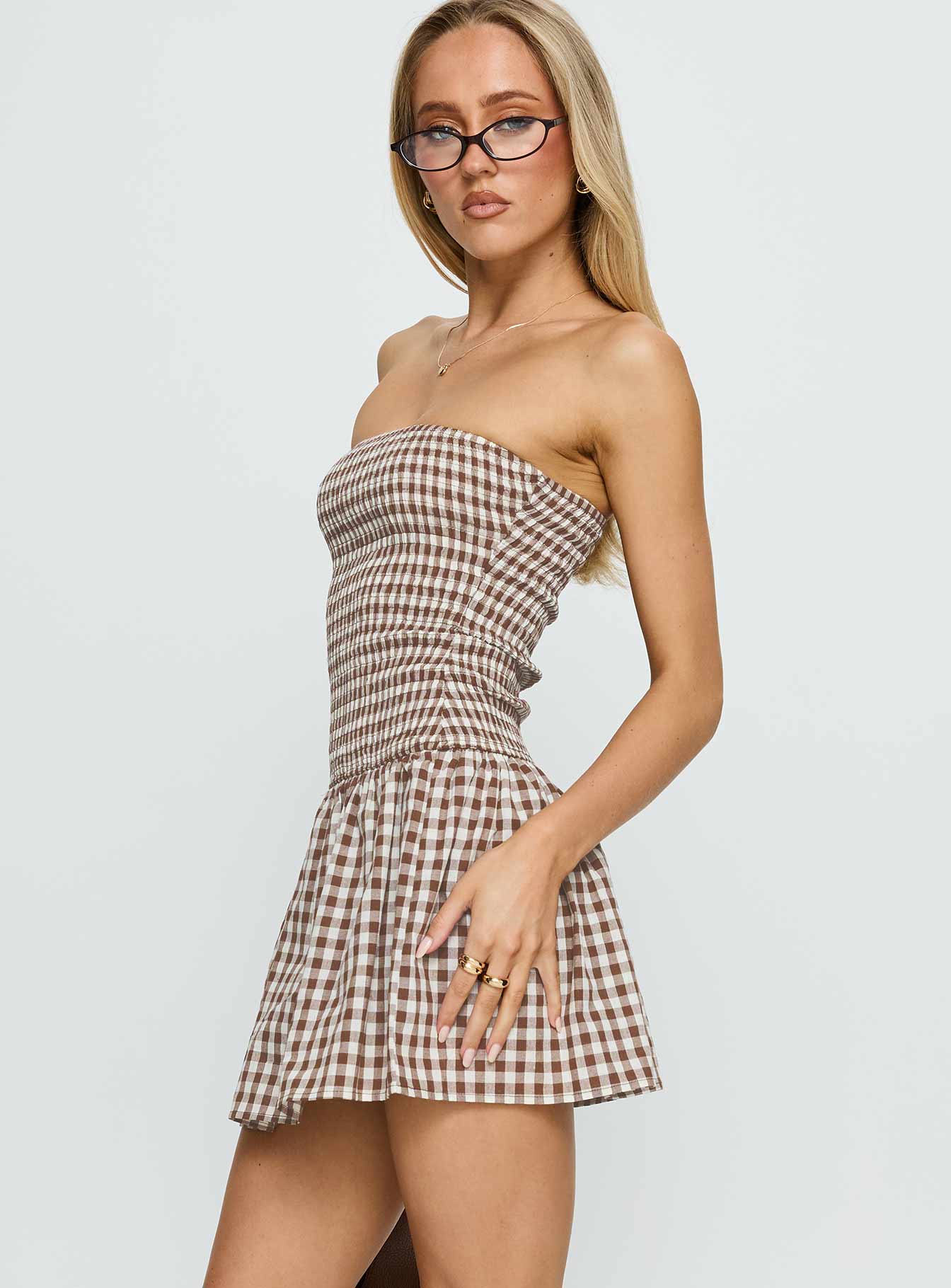 Burnell Shirred Strapless Playsuit Brown Check