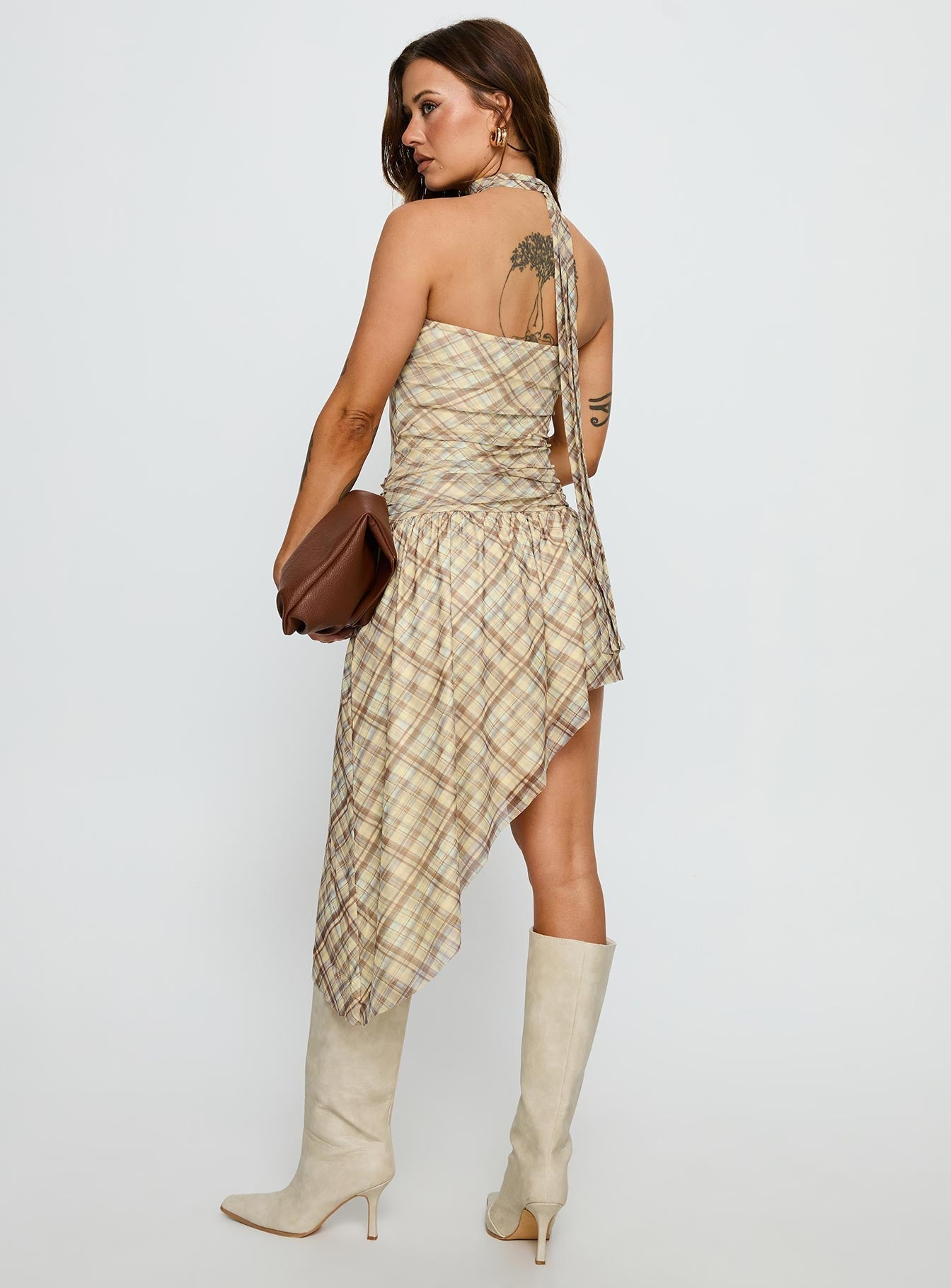 Cambria Strapless Scarf Midi Dress Yellow Check