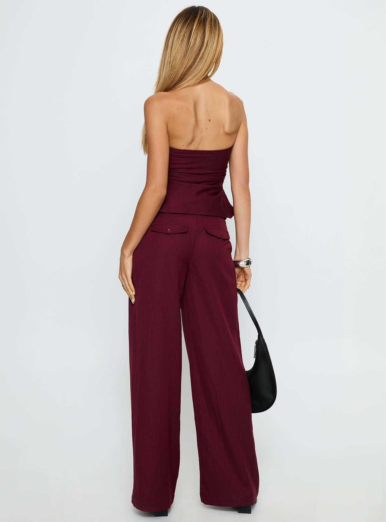 Jinny Relaxed Buckle Tailored Pants Berry Pinstripe
