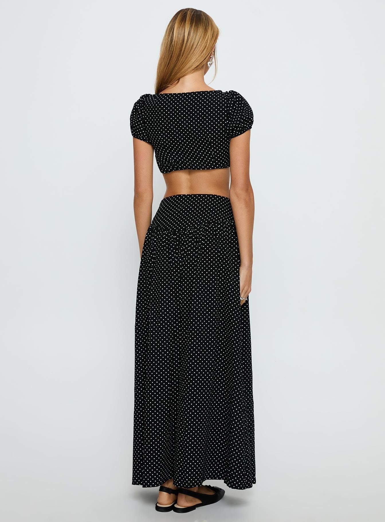 Alletta Drop Waist Maxi Skirt Black Polka