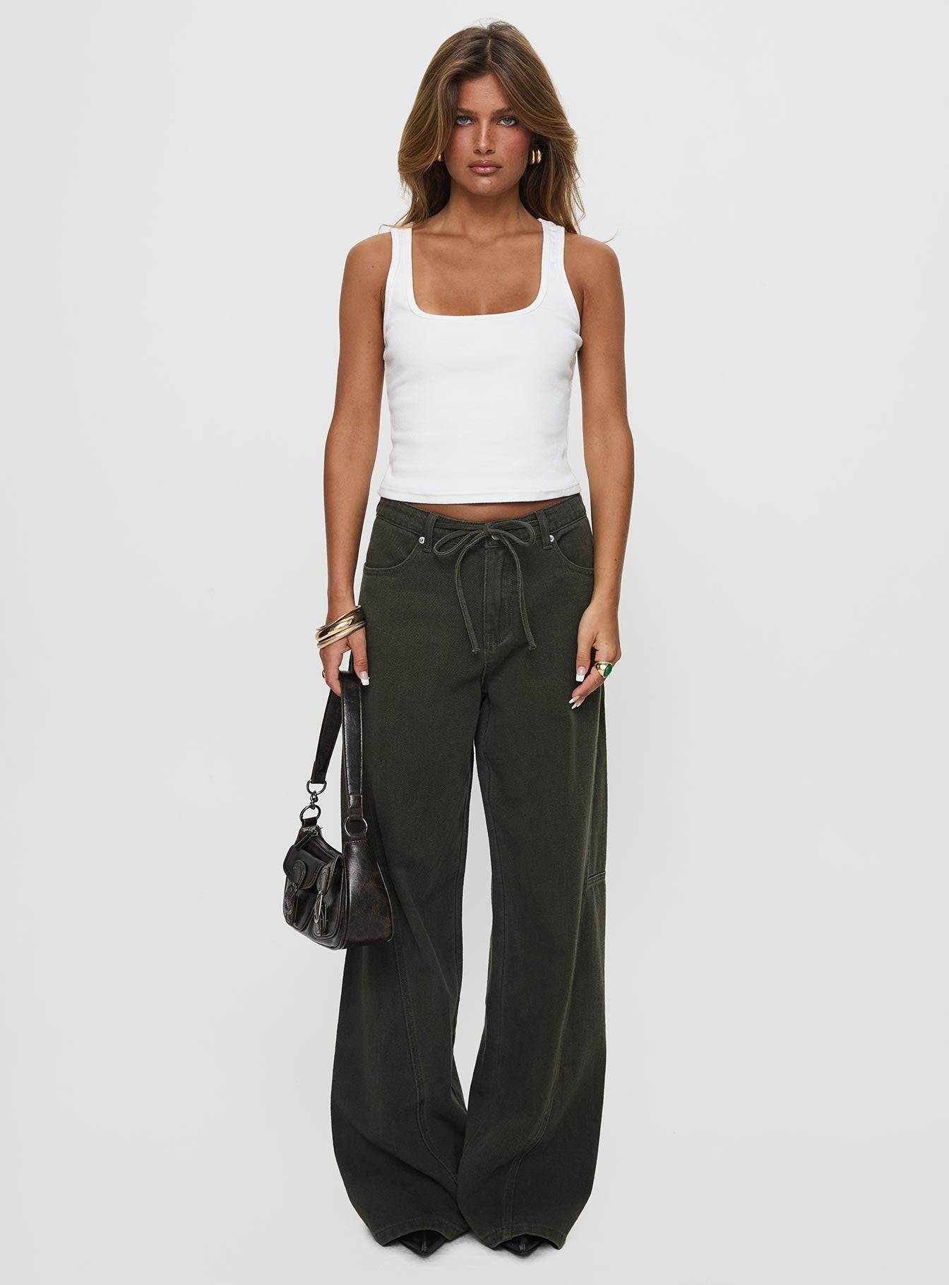 Bruiser Tie Waist Mid Rise Wide Leg Jeans Green