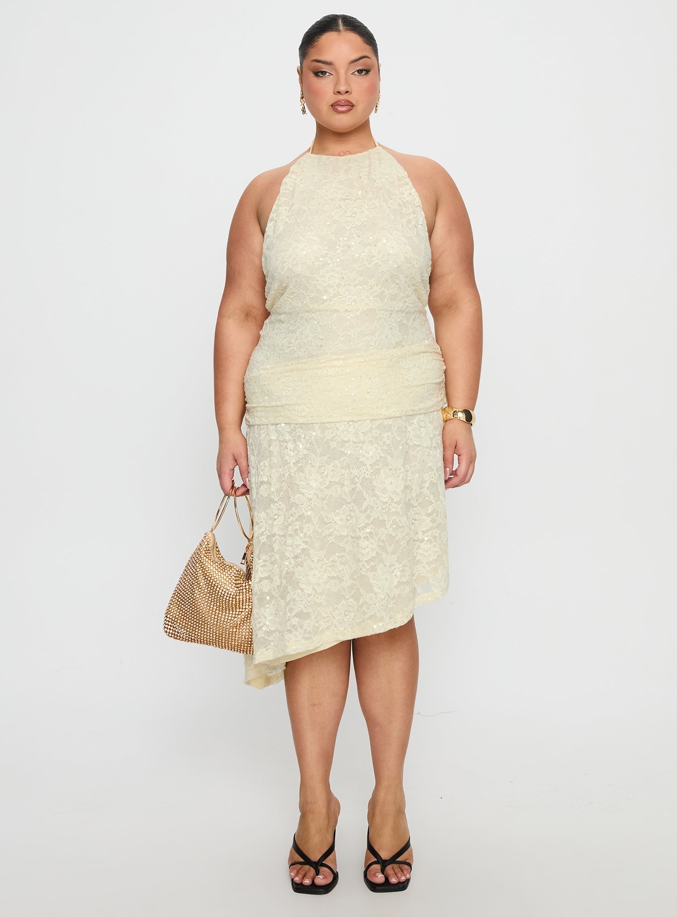 Emmalie Lace Asymmetrical Midi Dress Butter Yellow Curve