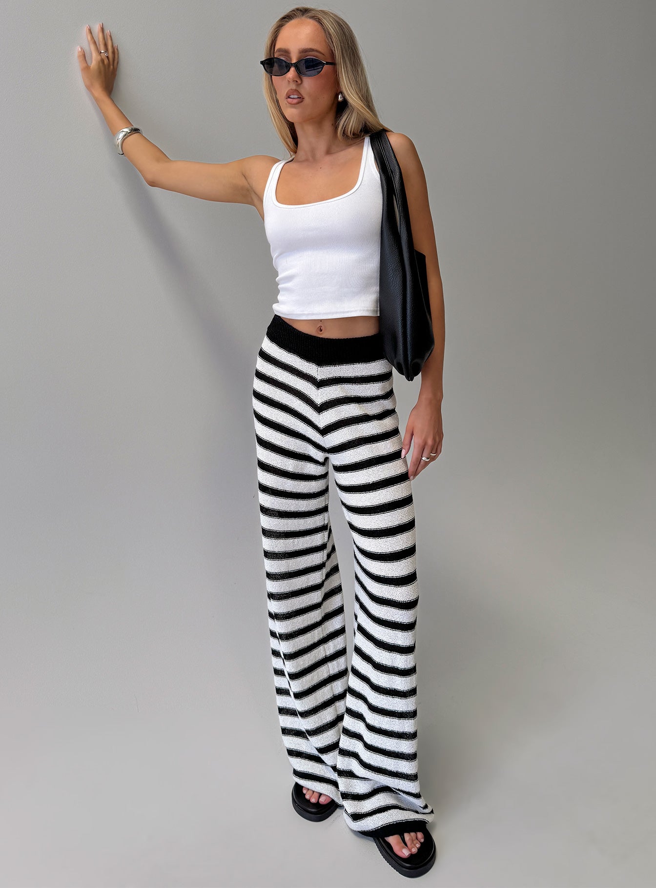 Good Things Flare Knit Pants White / Black Stripe