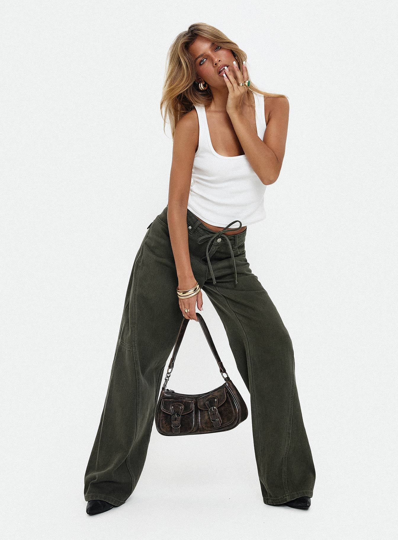 Bruiser Tie Waist Mid Rise Wide Leg Jeans Green
