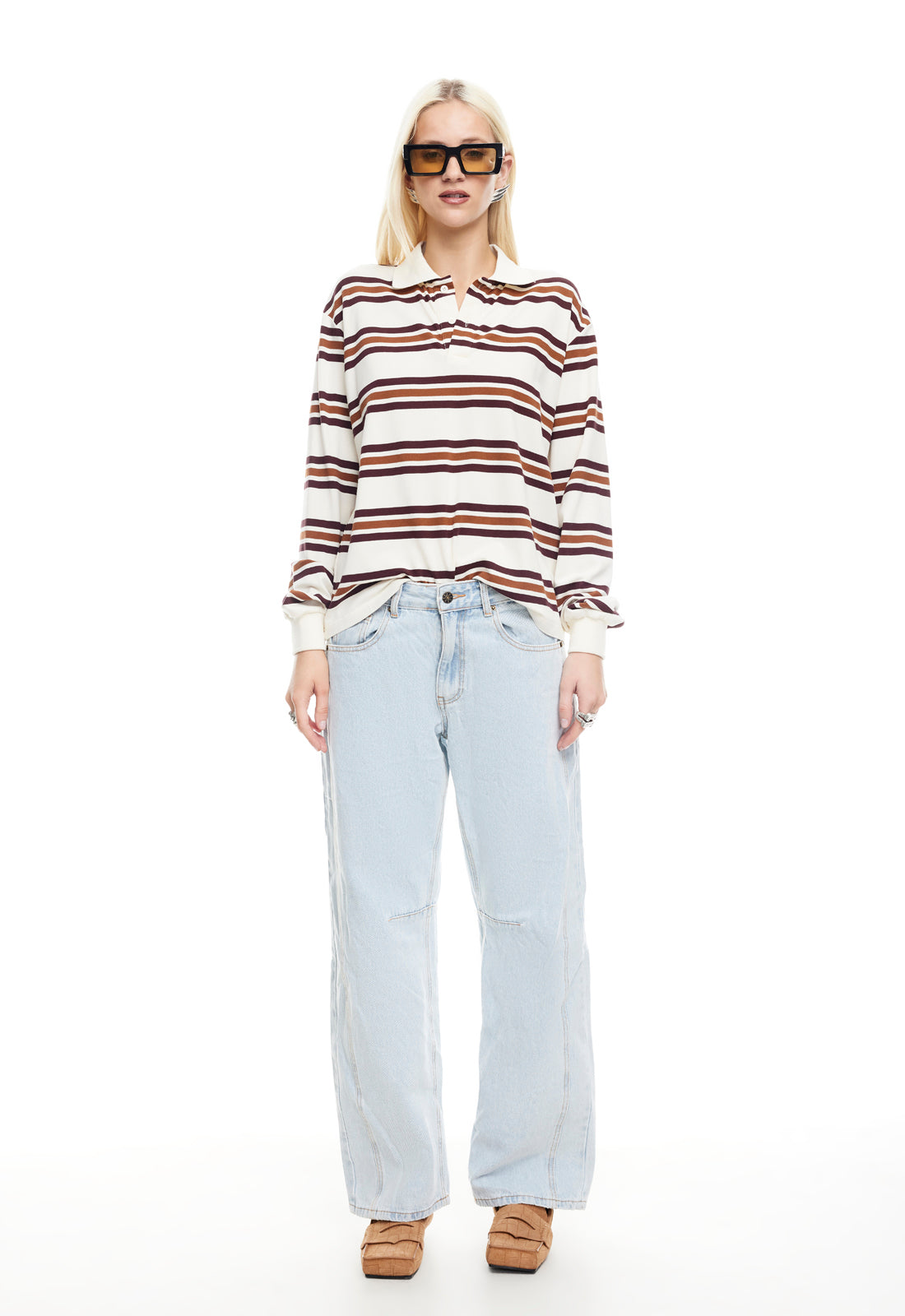 LEISURE LONG SLEEVE POLO - COFFEE STRIPE