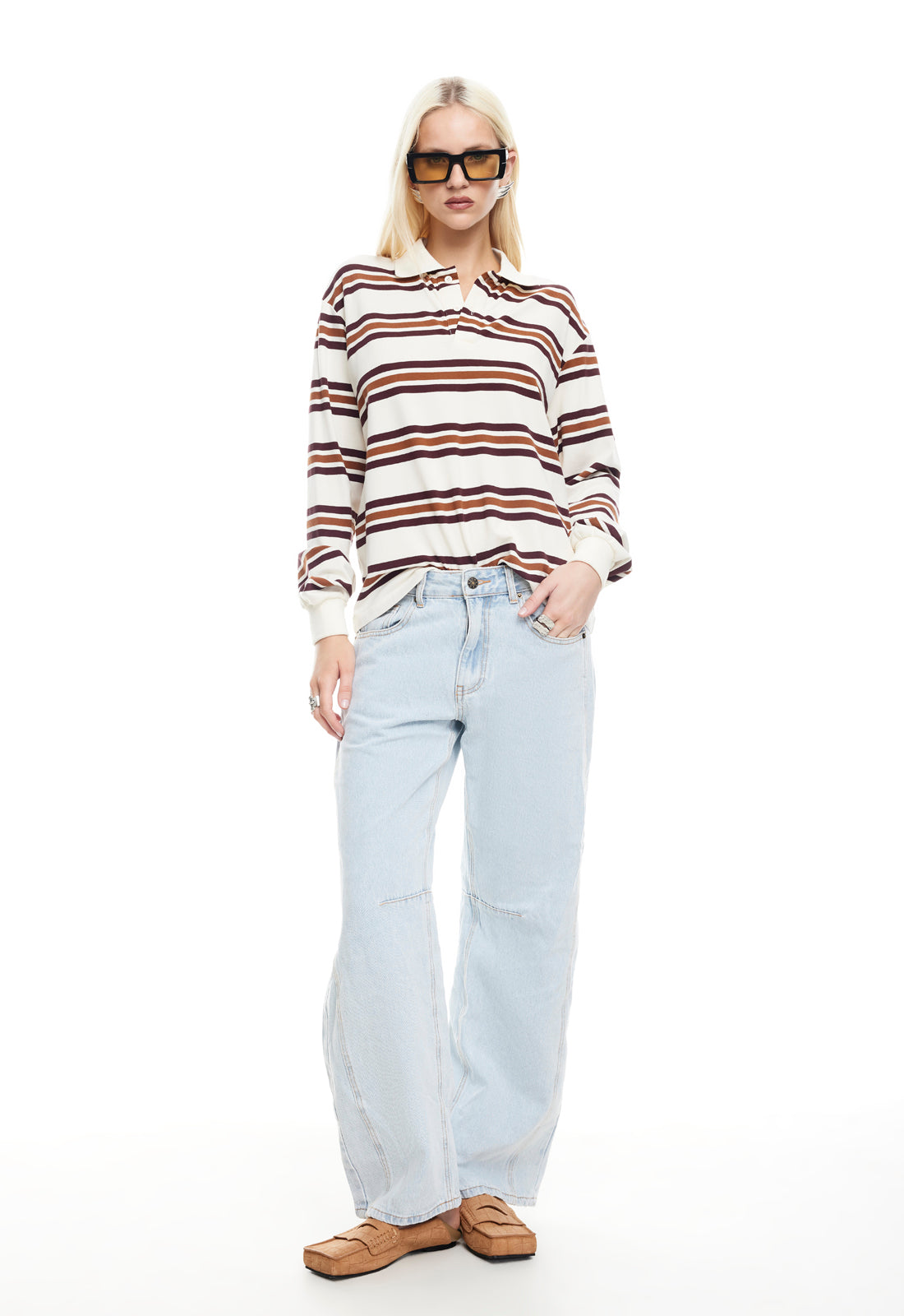 LEISURE LONG SLEEVE POLO - COFFEE STRIPE