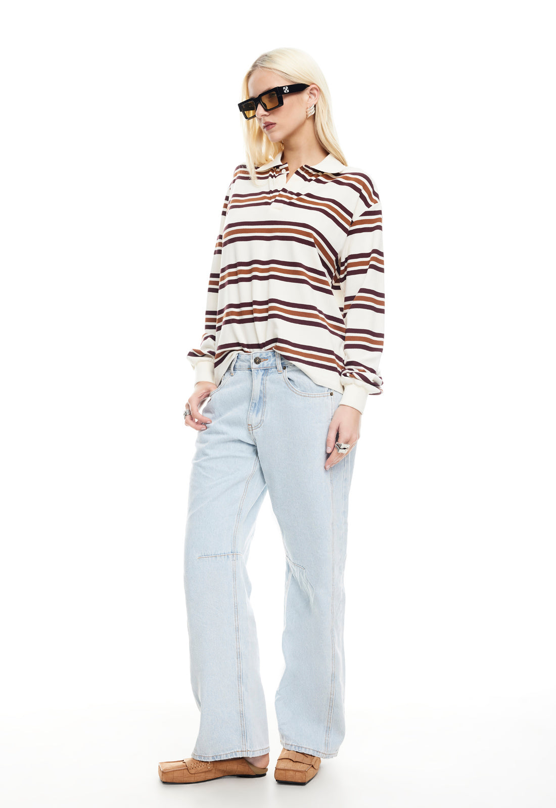 LEISURE LONG SLEEVE POLO - COFFEE STRIPE