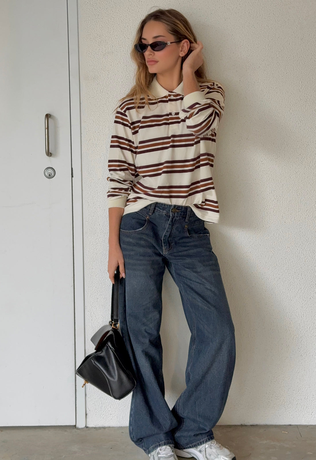 LEISURE LONG SLEEVE POLO - COFFEE STRIPE