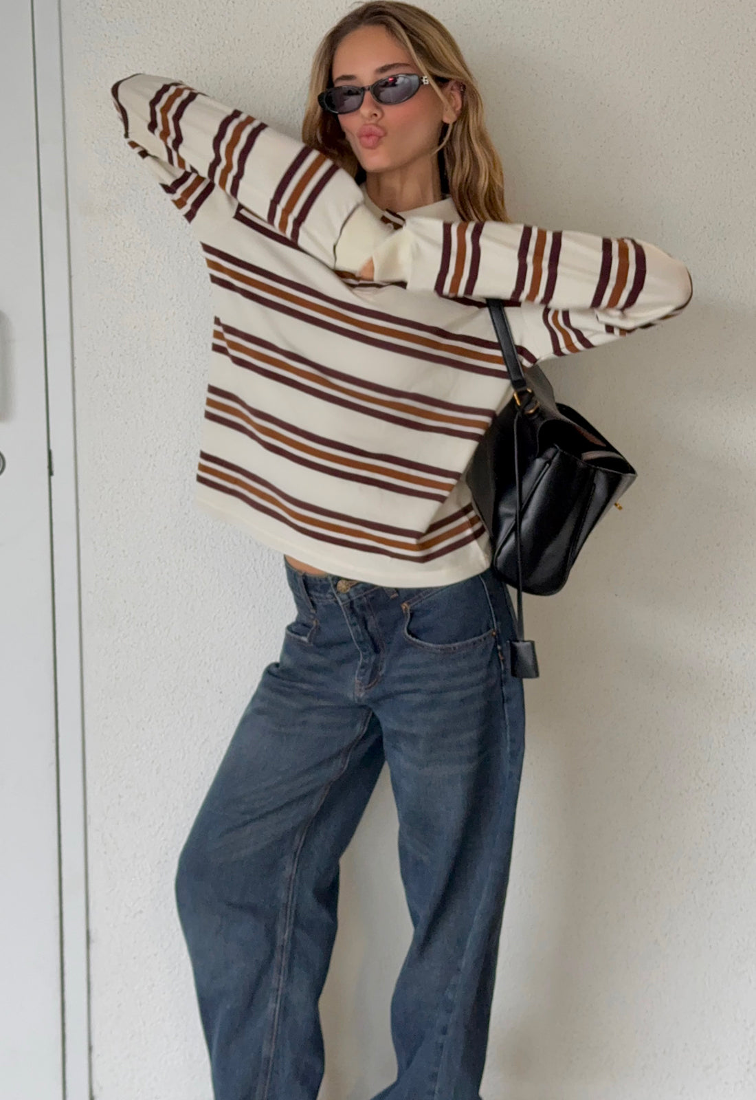 LEISURE LONG SLEEVE POLO - COFFEE STRIPE