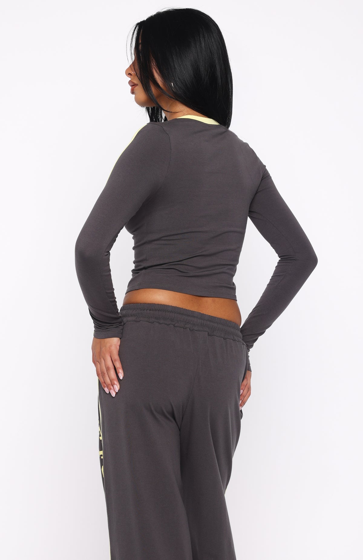 Star Of The Night Long Sleeve V Neck Baby Tee Charcoal